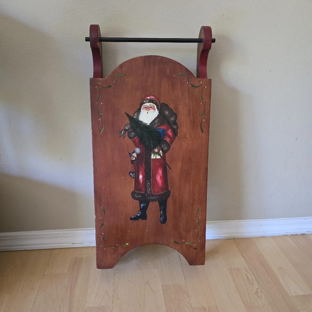 Christmas Wooden Sleigh   Handpainted Folk Art W/Santa.  26